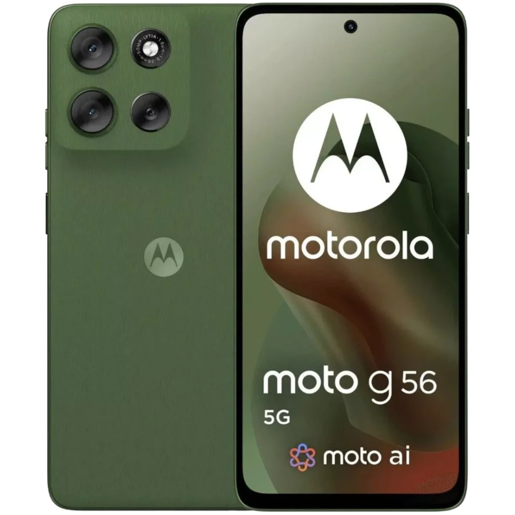 Smartphone vert avec triple caméra arrière, écran 6,72 pouces à bords fins, poinçon central, logo Motorola frontal, design épuré et moderne