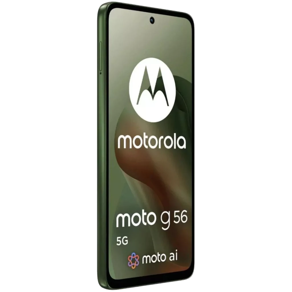 Motorola Moto G56 5G vert, écran 6,72 pouces avec poinçon central, bords fins, 256 Go, 8 Go RAM, batterie 5200 mAh, logo M et mention moto ai en façade