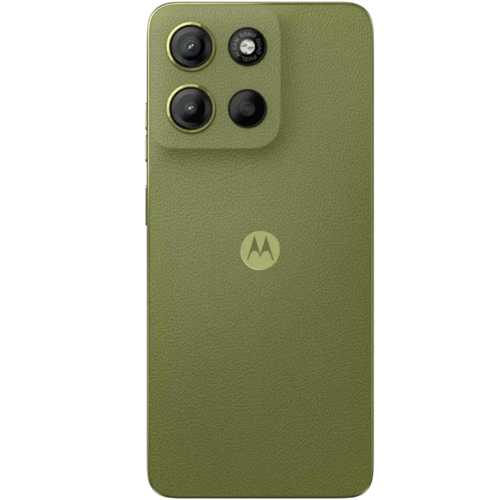Parte trasera del Motorola Moto G15 Power en color Iguana Green con acabado texturizado, módulo doble de cámara de 50 MP y anillo de lente resaltado