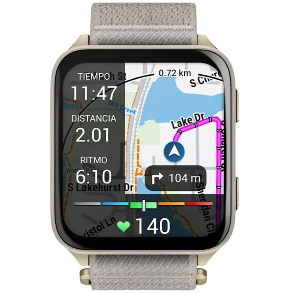 Garmin Venu X1 con caja de titanio dorada, pantalla a color con mapa y métricas en vivo, correa de nailon ComfortFit gris, diseño rectangular elegante
