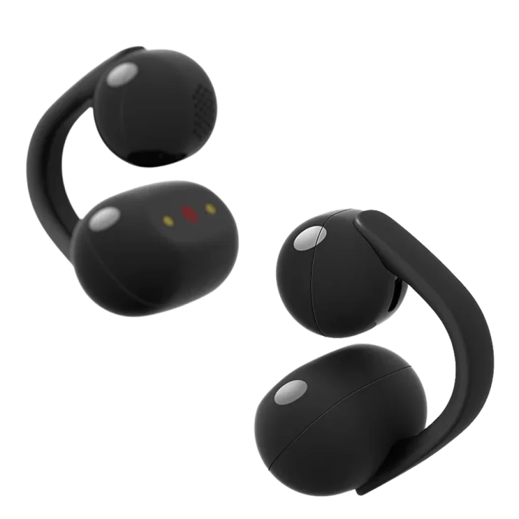 Sony LinkBuds Clip WF-LC900 Noir TWS à oreille ouverte, design en clip ergonomique noir mat, coques arrondies brillantes, contacts dorés visibles, format