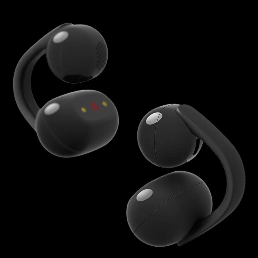 Sony LinkBuds Clip WF-LC900 Noir TWS à oreille ouverte, design en clip ergonomique noir mat, coques arrondies brillantes, contacts dorés visibles, format