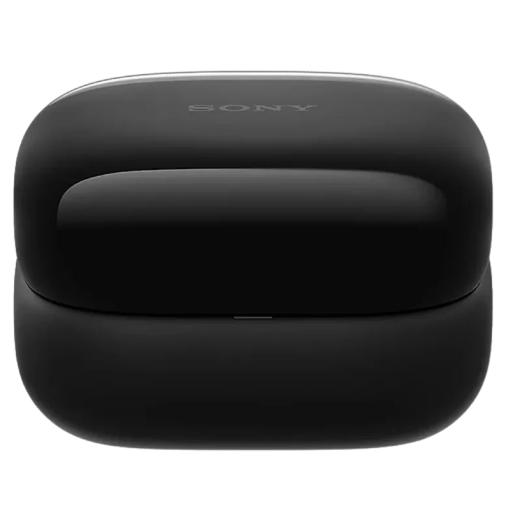 Boîtier noir compact Sony LinkBuds Clip WF-LC900 au fini mat, forme arrondie épurée avec logo discret sur le couvercle, bords lisses et design minimaliste