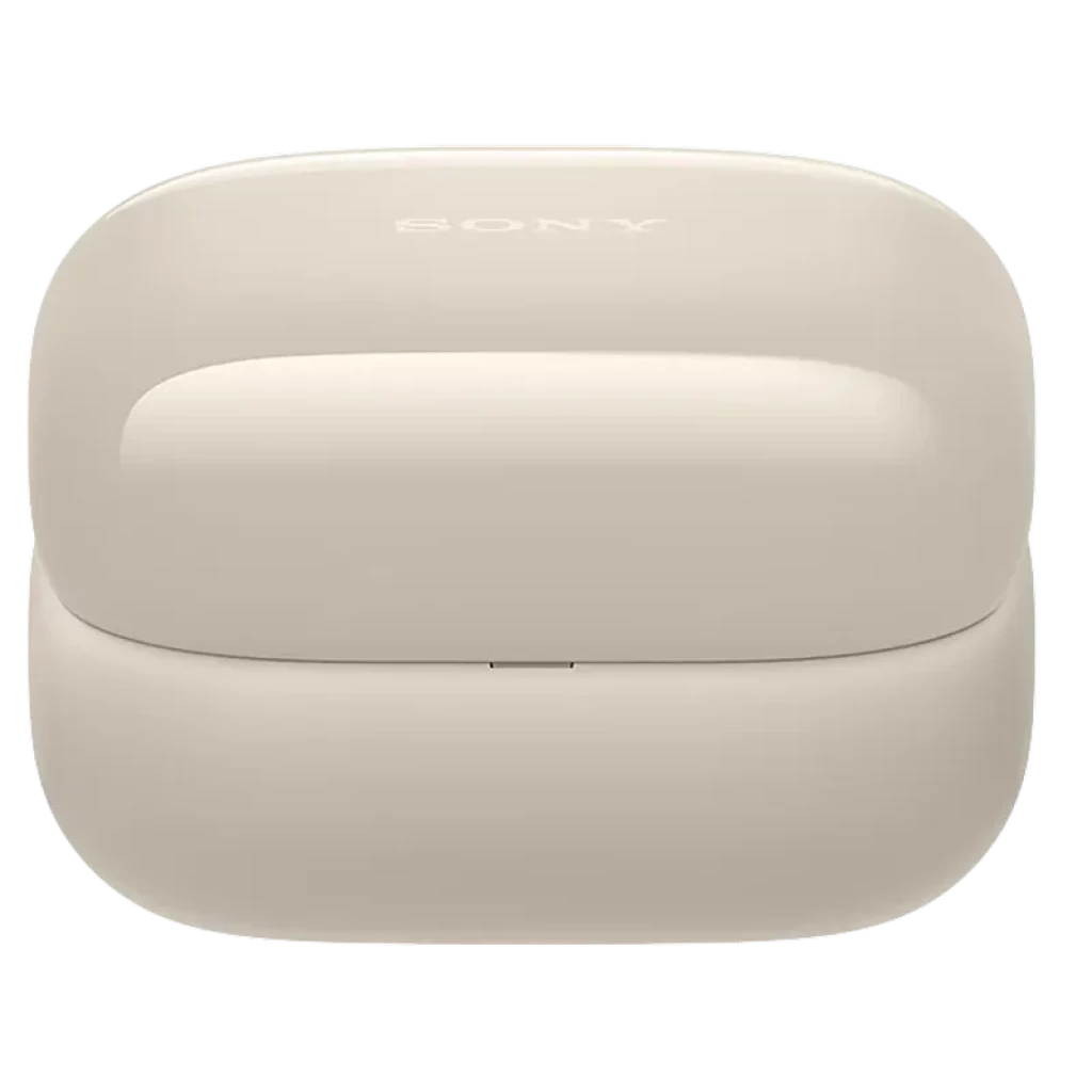Estojo de carregamento bege compacto com acabamento brilhante e logo Sony no topo, cantos arredondados e design minimalista para os auriculares LinkBuds Clip