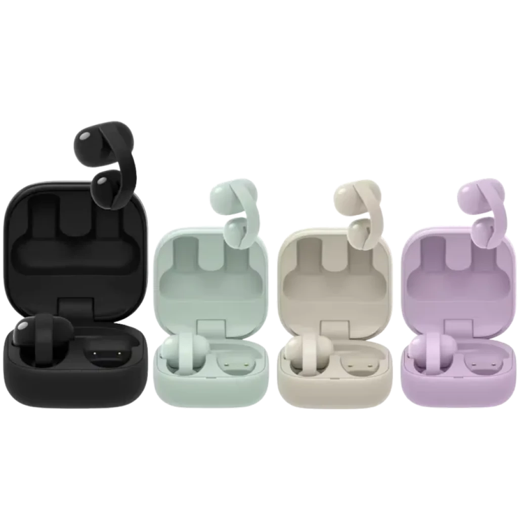 Sony LinkBuds Clip WF-LC900 bege em estojo compacto; design open-ear com clipe curvo, acabamento fosco e LED frontal. Opções de cores ao lado.