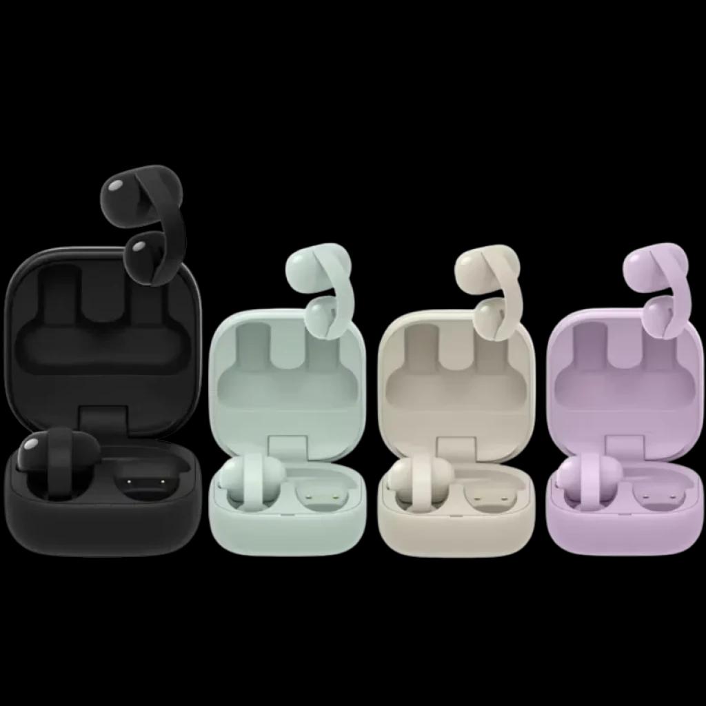 Sony LinkBuds Clip WF-LC900 bege em estojo compacto; design open-ear com clipe curvo, acabamento fosco e LED frontal. Opções de cores ao lado.