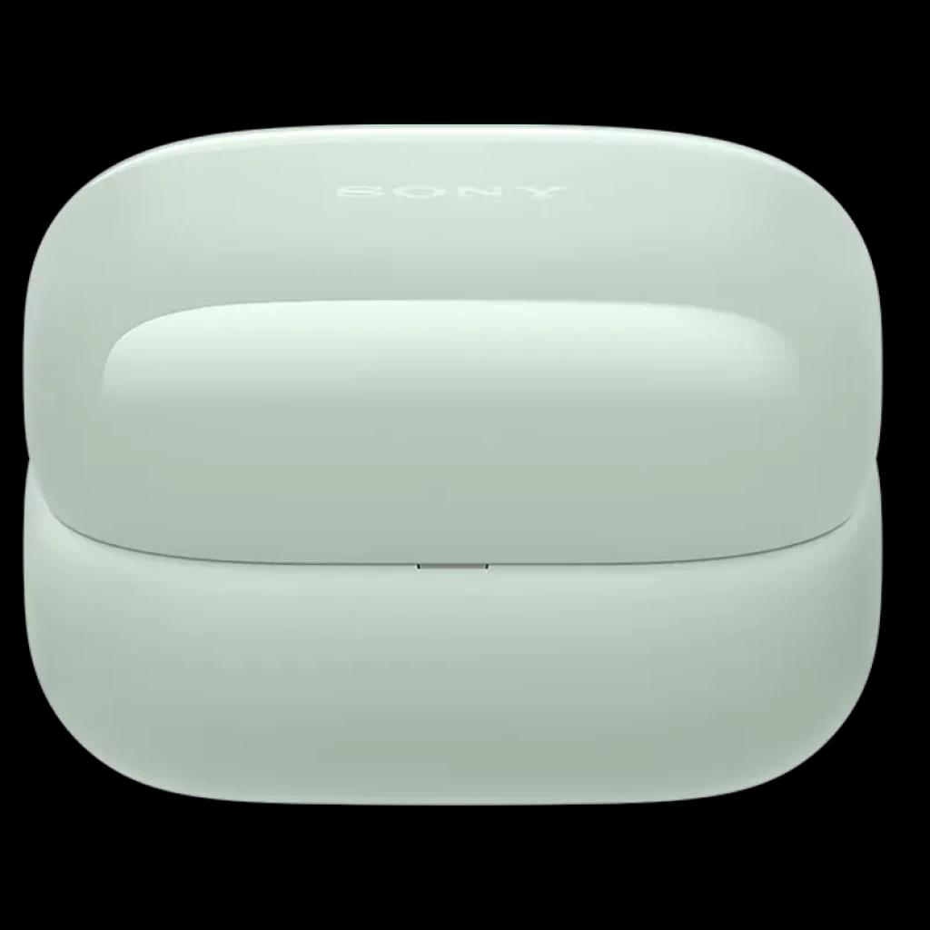 Sony LinkBuds Clip WF-LC900 Verde preso à orelha, design open-ear em clip, arco fino preto e almofada circular, destaque para ondas sonoras e ajuste