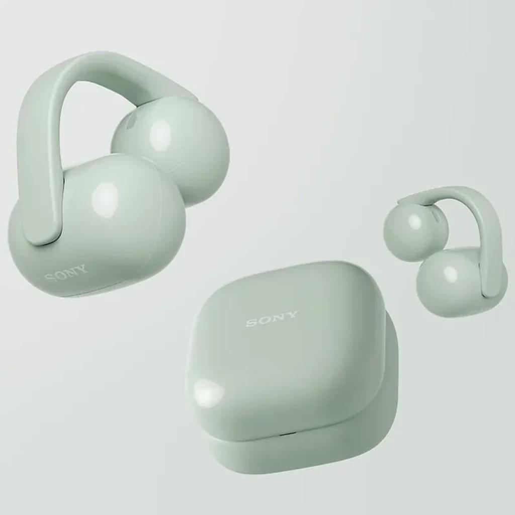Sony LinkBuds Clip WF-LC900 verde com design open-ear; corpo arredondado e clipe lateral integrado para fixação confortável e discreta em tom pastel