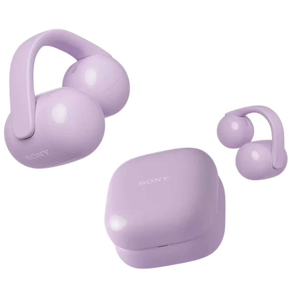 Sony LinkBuds Clip WF-LC900 Lavanda, TWS open-ear em lilás com design clip envolvente, duas unidades arredondadas e estojo compacto combinando a cor