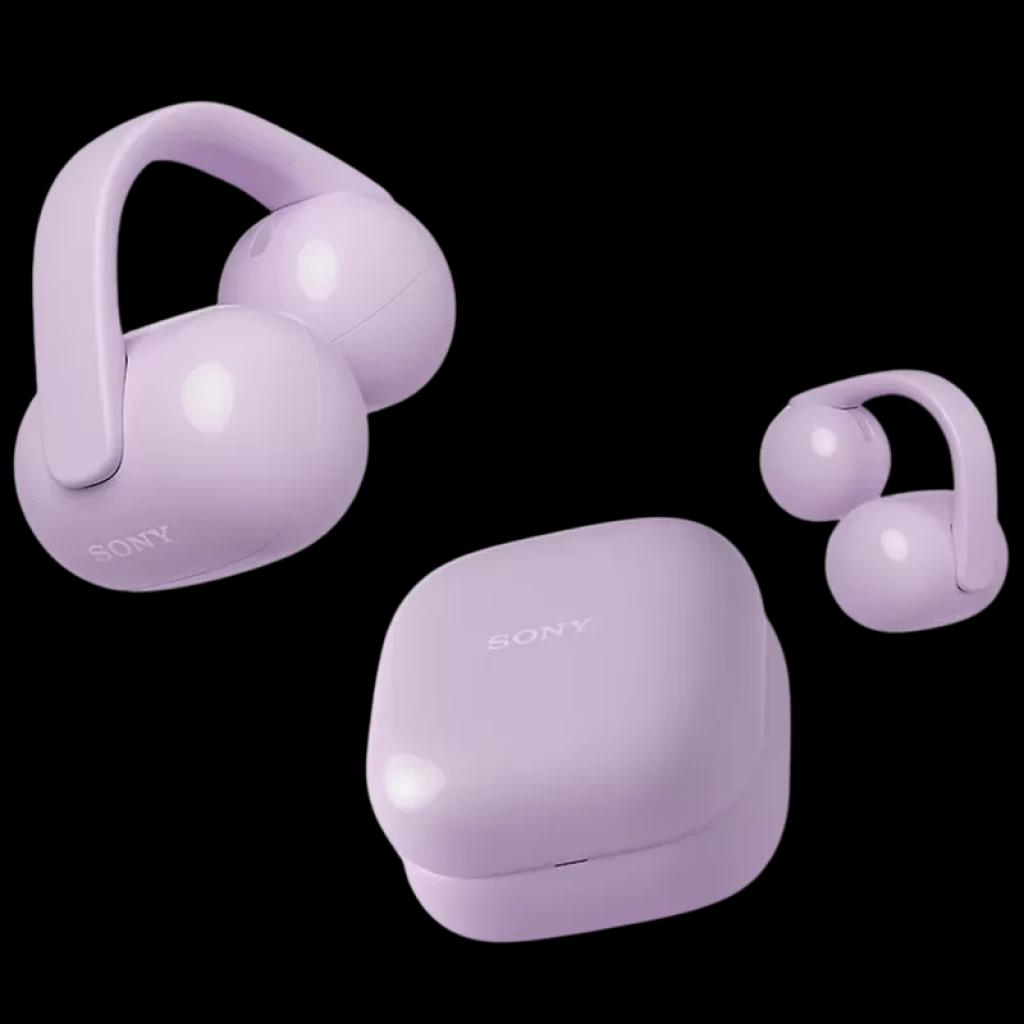 Sony LinkBuds Clip WF-LC900 Lavanda, TWS open-ear em lilás com design clip envolvente, duas unidades arredondadas e estojo compacto combinando a cor