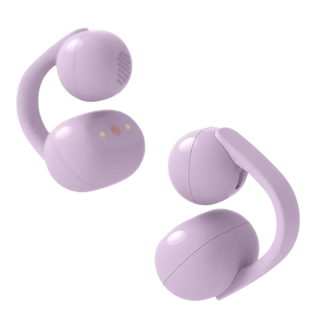 Sony LinkBuds Clip WF-LC900 Lavanda, auriculares TWS open-ear em roxo claro, design curvo com clipe, acabamento fosco e contatos magnéticos dourados