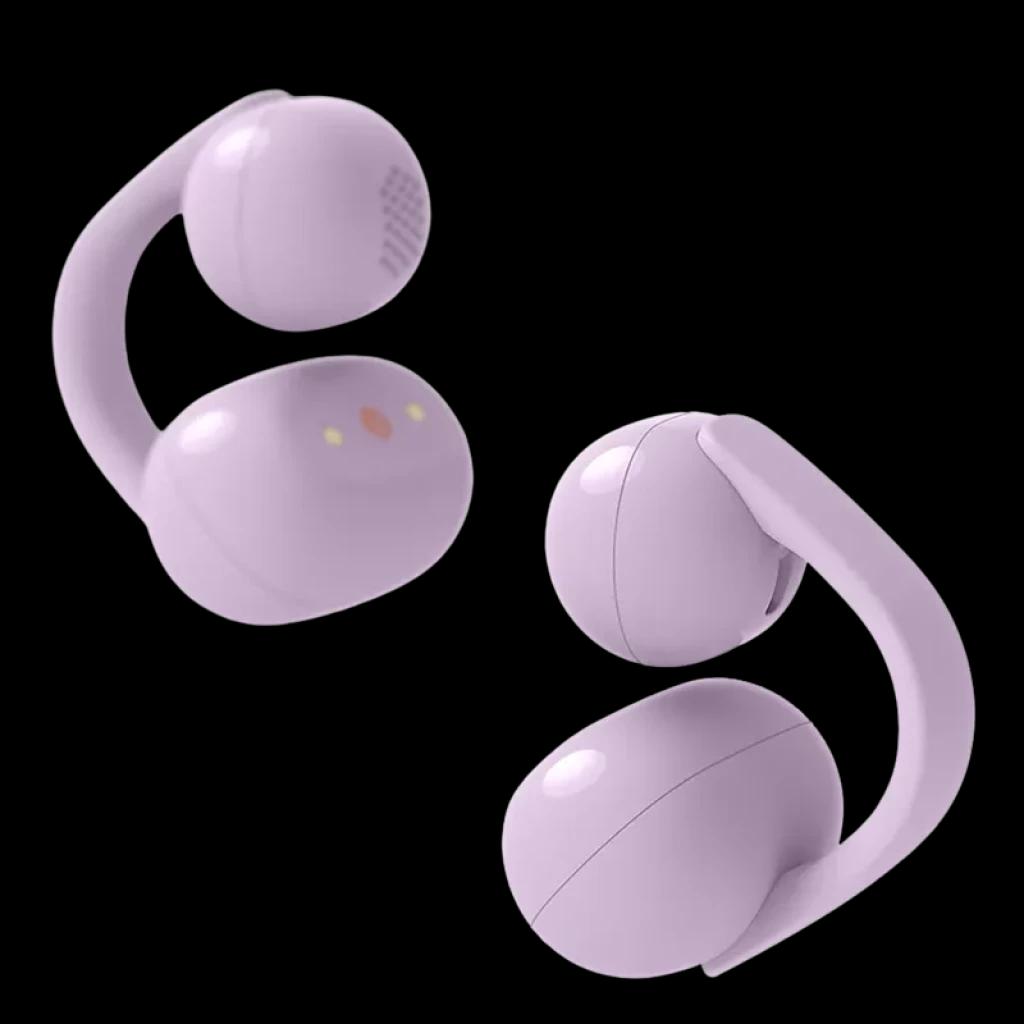 Sony LinkBuds Clip WF-LC900 Lavanda, auriculares TWS open-ear em roxo claro, design curvo com clipe, acabamento fosco e contatos magnéticos dourados