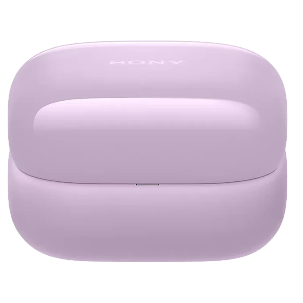Estojo lavanda compacto Sony LinkBuds Clip WF-LC900, acabamento brilhante com logo discreto na tampa e design arredondado portátil para TWS open-ear