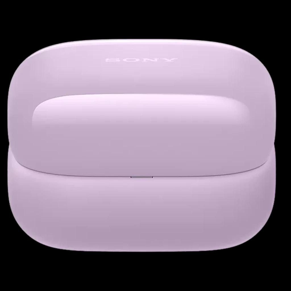 Estojo lavanda compacto Sony LinkBuds Clip WF-LC900, acabamento brilhante com logo discreto na tampa e design arredondado portátil para TWS open-ear