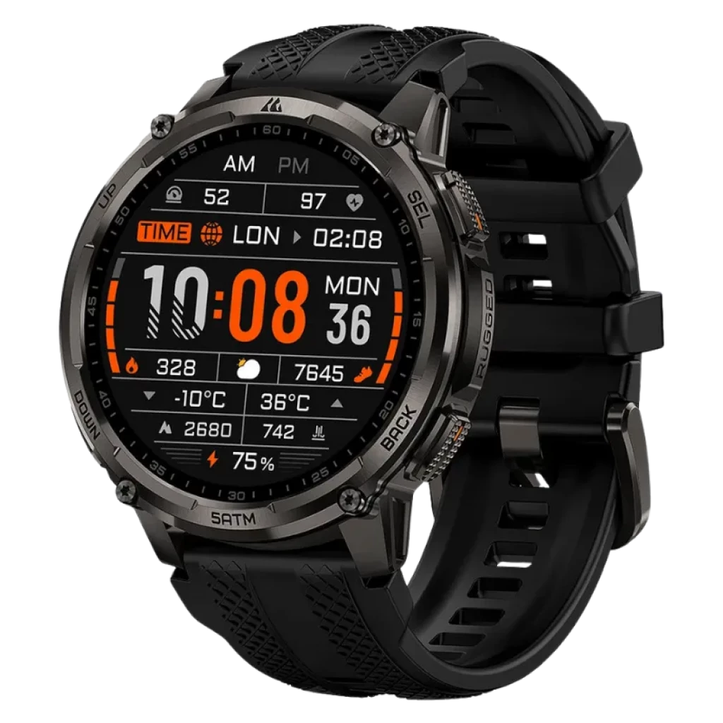 Kospet Tank T4C Preto com bracelete preta, caixa robusta, ecrã AMOLED 1,5 com mostrador digital multicolorido, moldura metálica, botões laterais e resistência 5 ATM