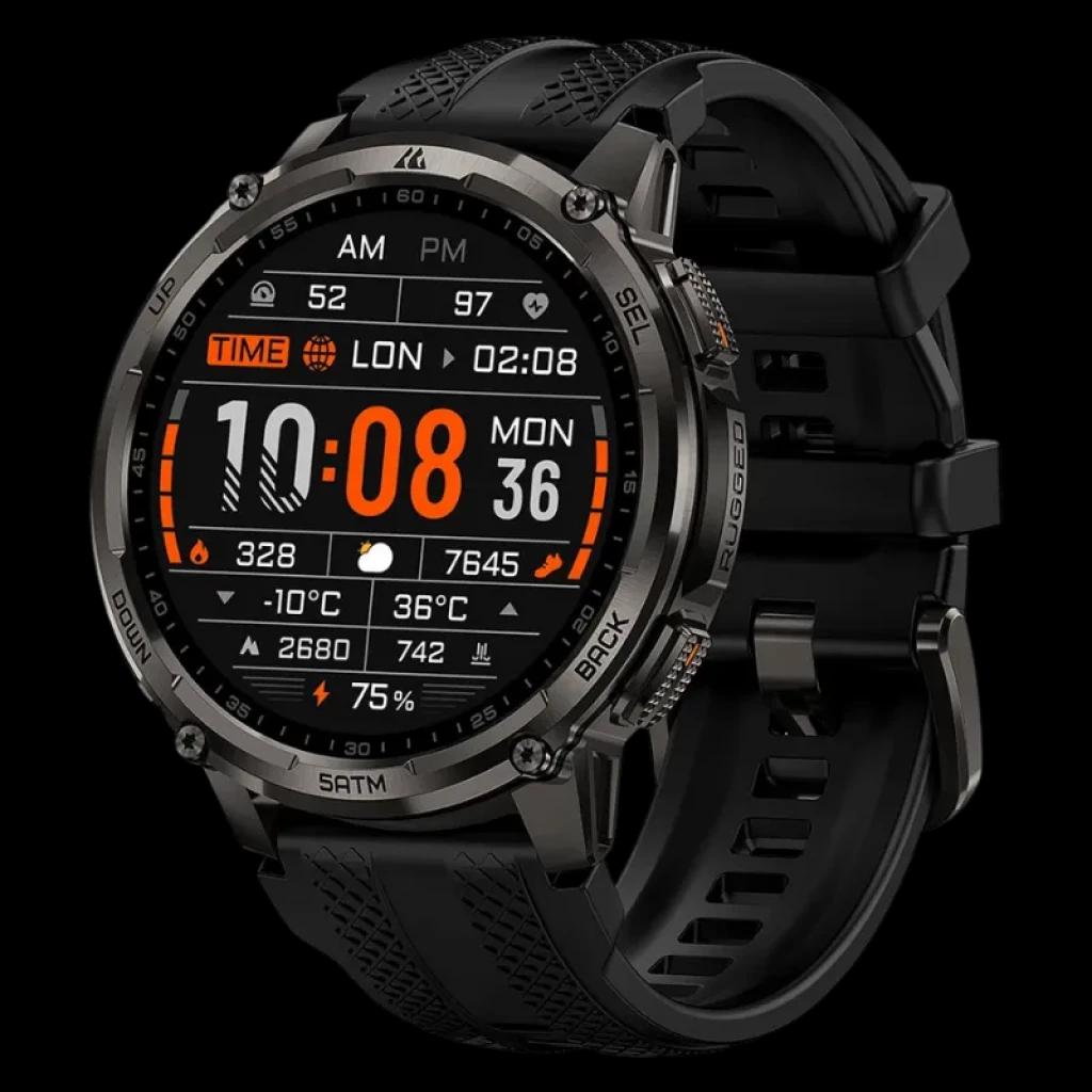 Kospet Tank T4C Preto com bracelete preta, caixa robusta, ecrã AMOLED 1,5 com mostrador digital multicolorido, moldura metálica, botões laterais e resistência 5 ATM
