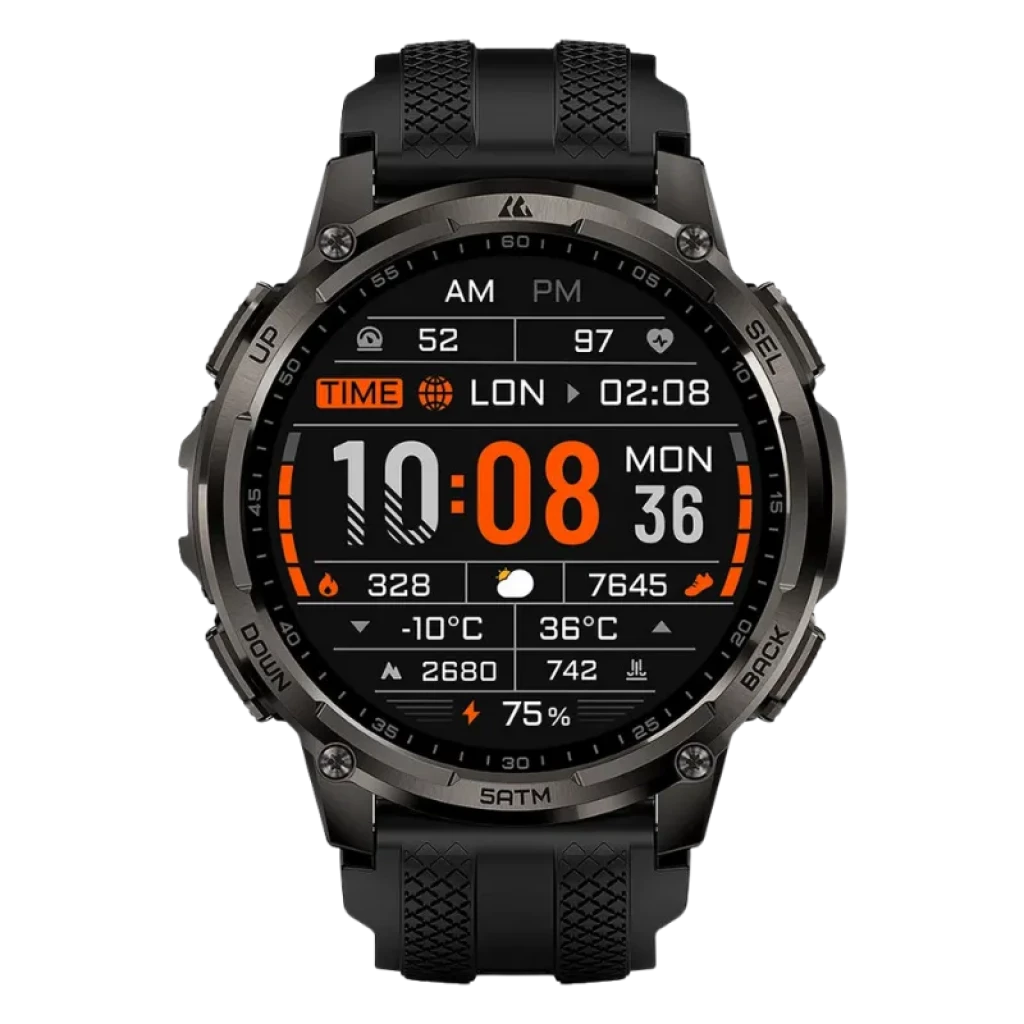 Kospet Tank T4C preto com bracelete preta, ecrã AMOLED 1,5 pol, mostrador digital com métricas de saúde e fitness, resistência 5 ATM, design robusto