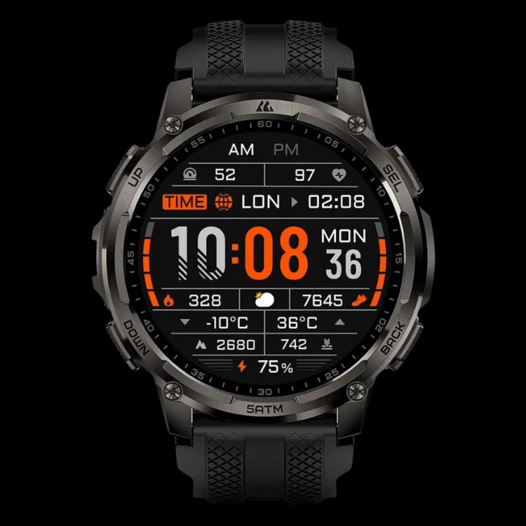 Kospet Tank T4C preto com bracelete preta, ecrã AMOLED 1,5 pol, mostrador digital com métricas de saúde e fitness, resistência 5 ATM, design robusto