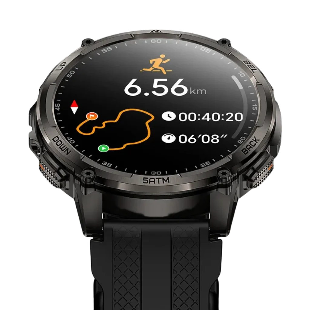 Kospet Tank T4C preto com bracelete preta, ecrã AMOLED 1,5 pol, mostrador circular com métricas de corrida, moldura robusta 5 ATM e botões laterais