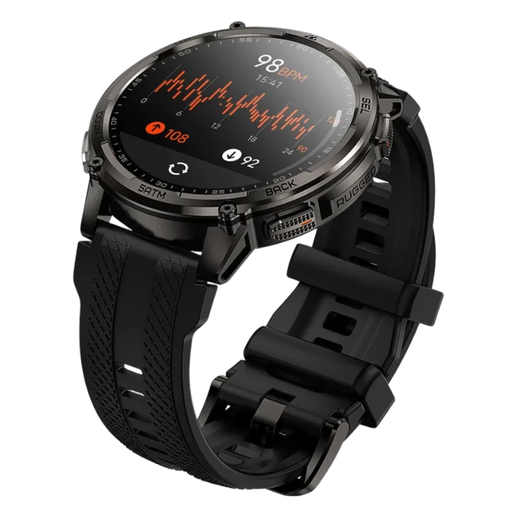 Kospet Tank T4C preto com bracelete preta, caixa robusta, ecrã AMOLED 1,5 pol com mostrador fitness, botões laterais texturizados e resistência 5 ATM