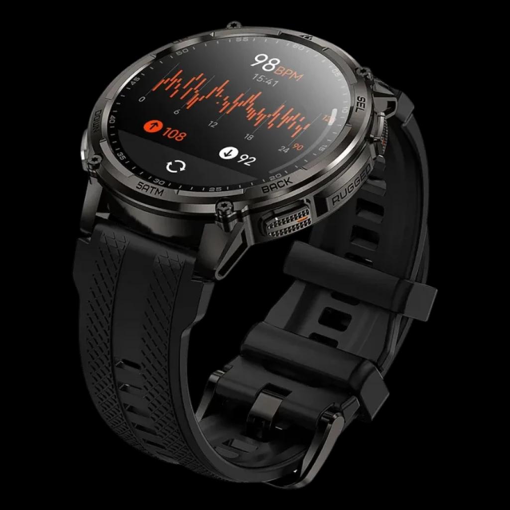 Kospet Tank T4C preto com bracelete preta, caixa robusta, ecrã AMOLED 1,5 pol com mostrador fitness, botões laterais texturizados e resistência 5 ATM