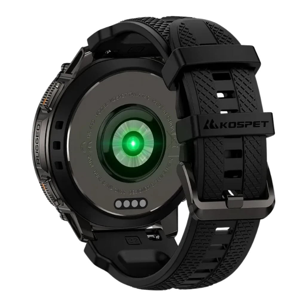 Kospet Tank T4C Preto com bracelete preta, sensor traseiro verde ativo, corpo robusto, fecho metálico, textura antiderrapante e resistência 5 ATM