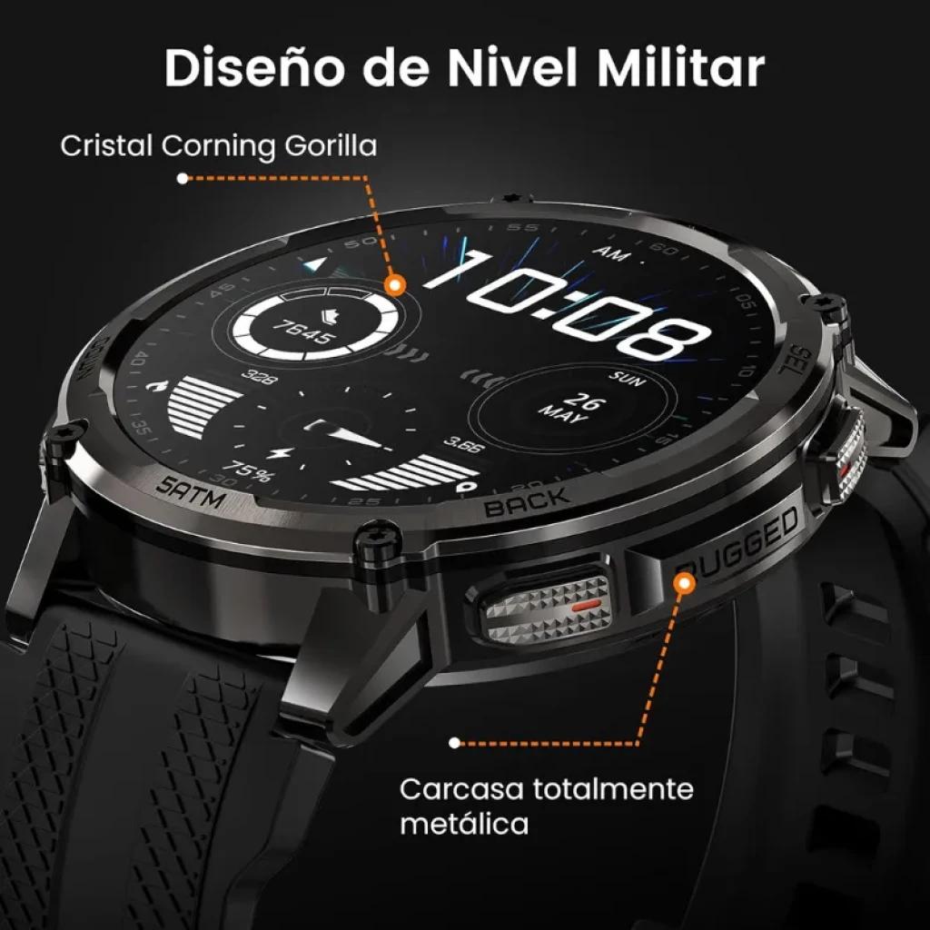 Kospet Tank T4C preto com bracelete preta, corpo metálico robusto, vidro Corning Gorilla, ecrã AMOLED 1,5 pol, resistência 5 ATM, estilo rugged