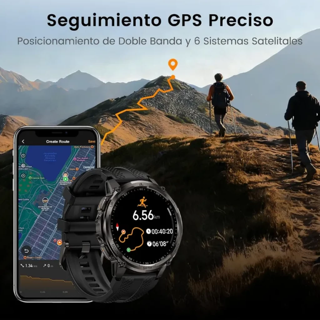 Kospet Tank T4C preto com bracelete preta, ecrã AMOLED 1,5. Mostrador redondo, moldura robusta, medição GPS no ecrã e app com mapa detalhado