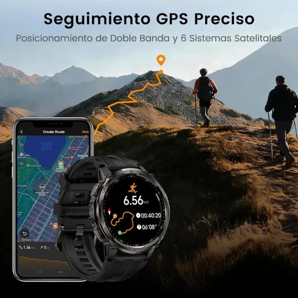Kospet Tank T4C preto com bracelete preta, ecrã AMOLED 1,5. Mostrador redondo, moldura robusta, medição GPS no ecrã e app com mapa detalhado