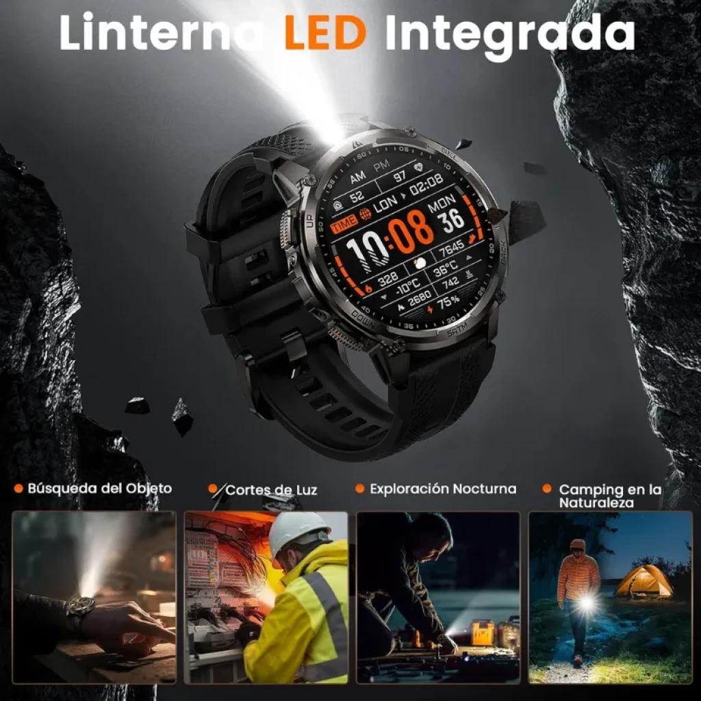 Kospet Tank T4C preto com bracelete preta, ecrã AMOLED 1,5 pol, lanterna LED integrada, mostrador robusto, ideal para exploração noturna e 5 ATM