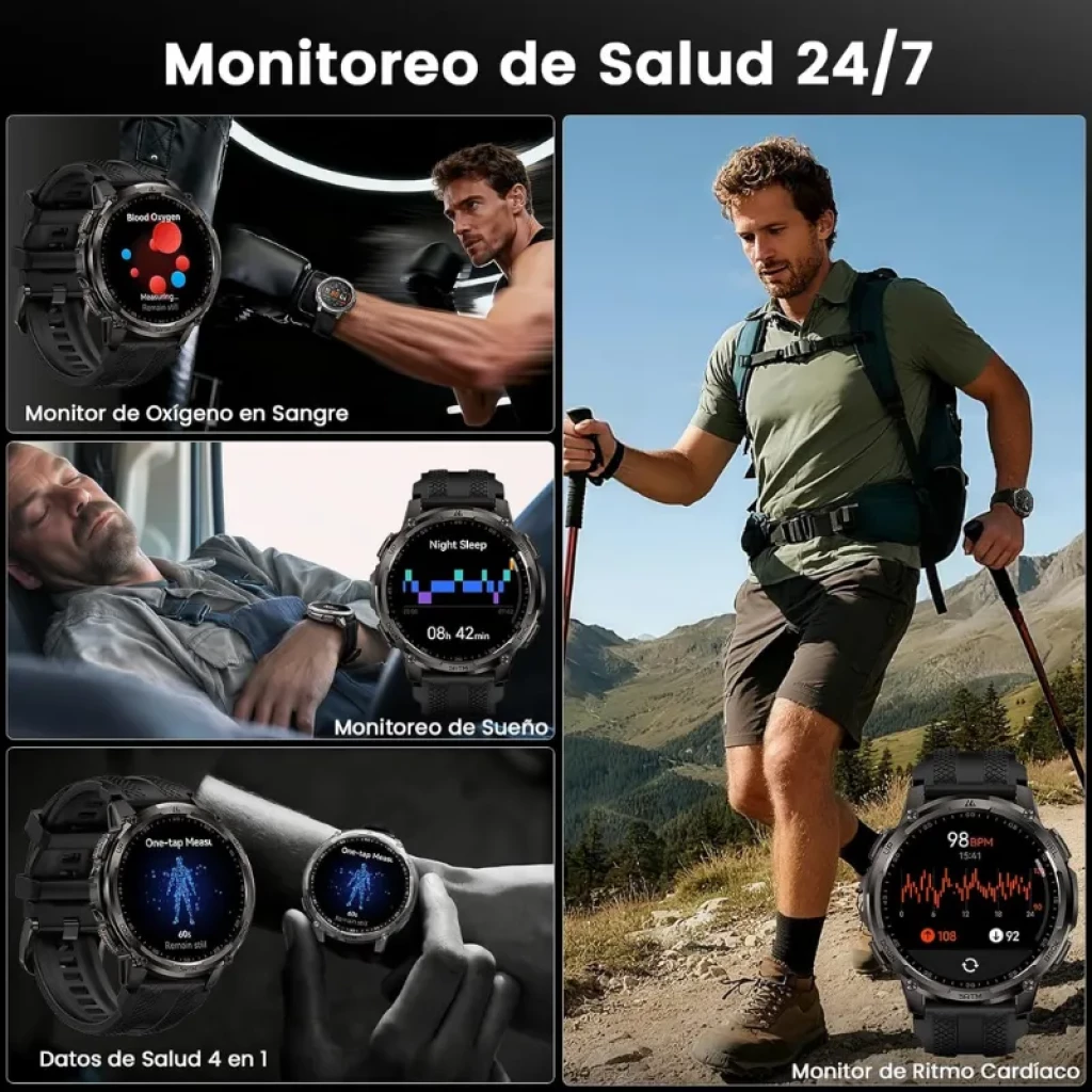 Kospet Tank T4C Preto com bracelete preta, mostrador circular robusto, ecrã AMOLED 1,5 pol, mostradores fitness, indicação de SpO2, sono e batimentos