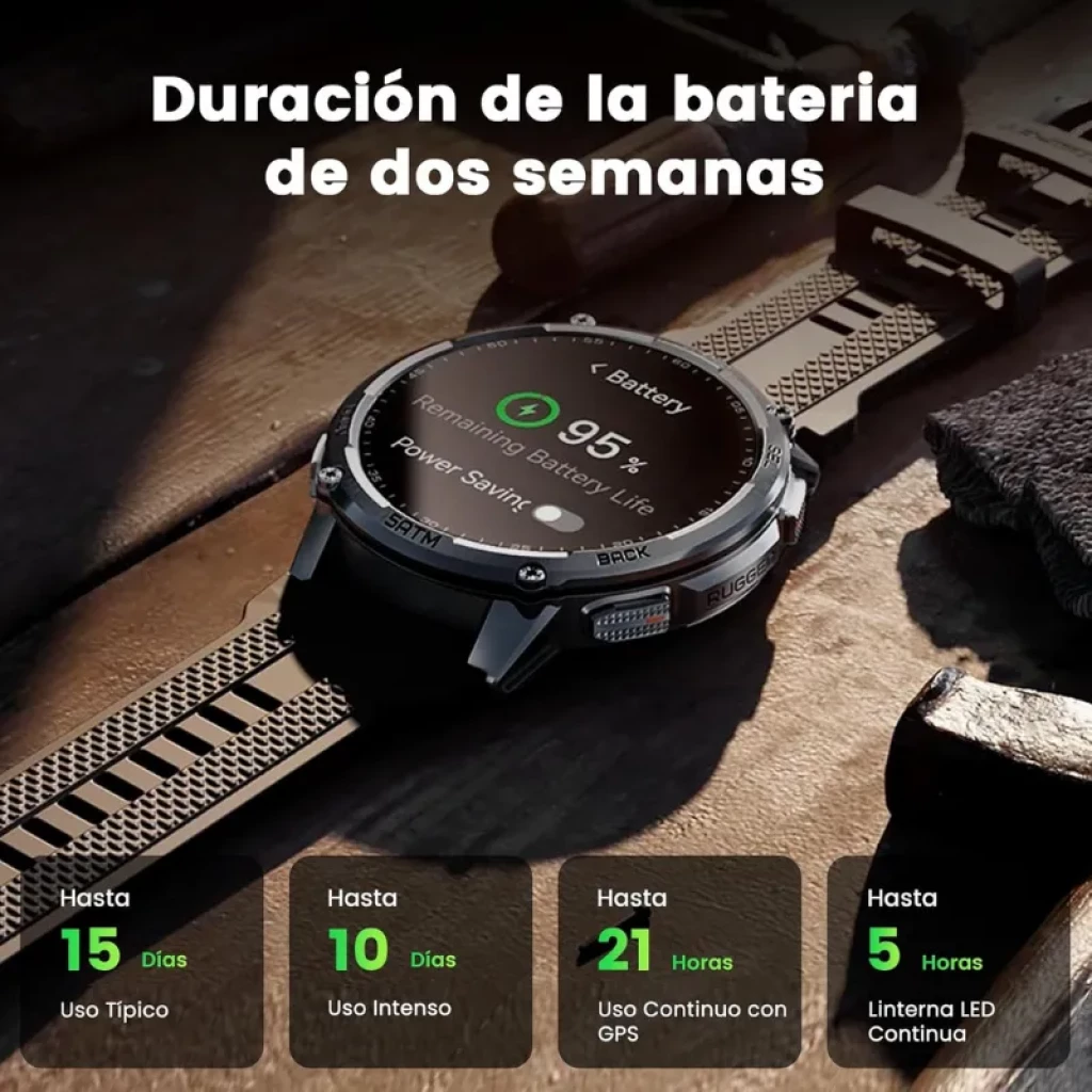 Kospet Tank T4C preto com bracelete preta, ecrã AMOLED 1,5 polegadas, moldura robusta, resistência 5 ATM, indicador de bateria 95% e botões laterais