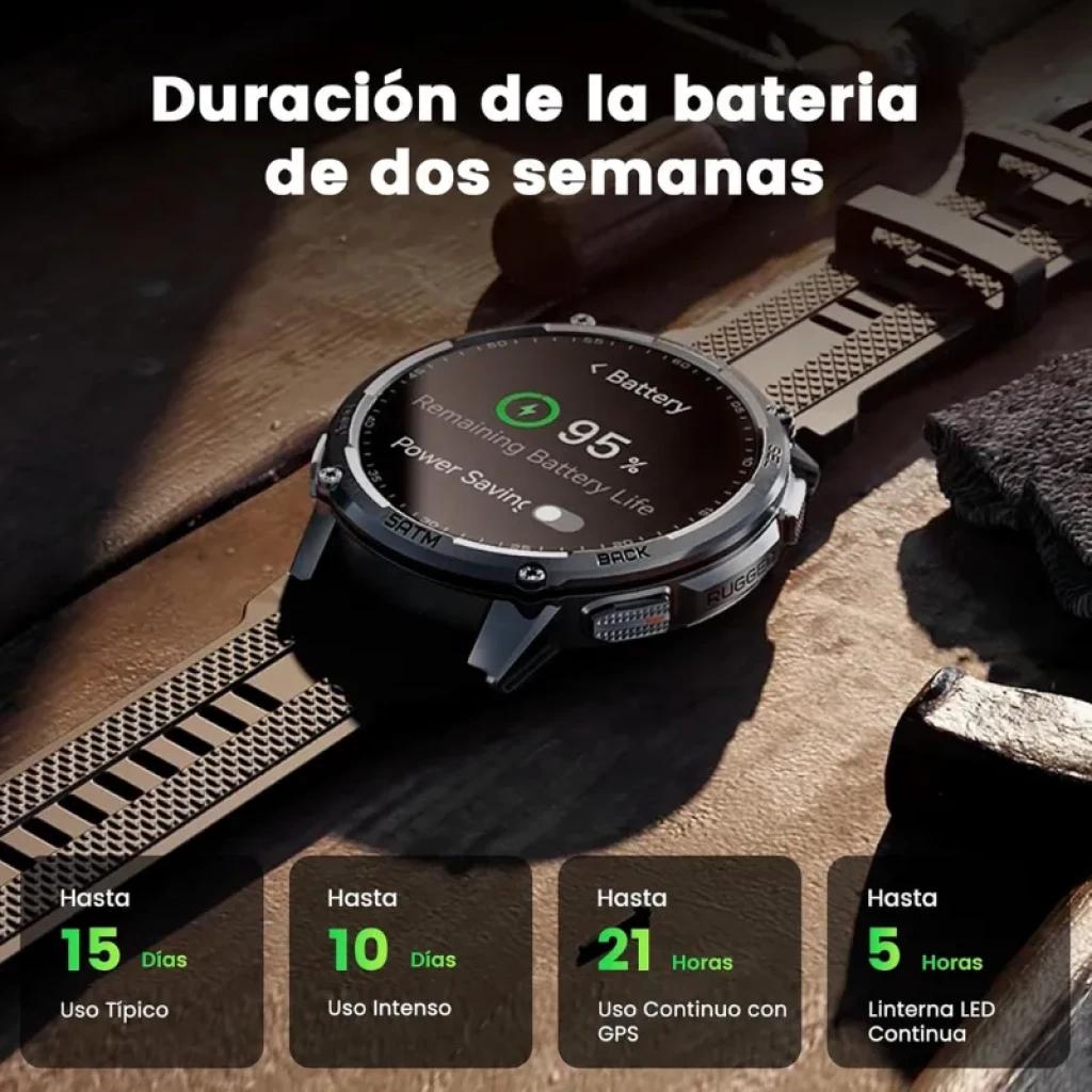Kospet Tank T4C preto com bracelete preta, ecrã AMOLED 1,5 polegadas, moldura robusta, resistência 5 ATM, indicador de bateria 95% e botões laterais