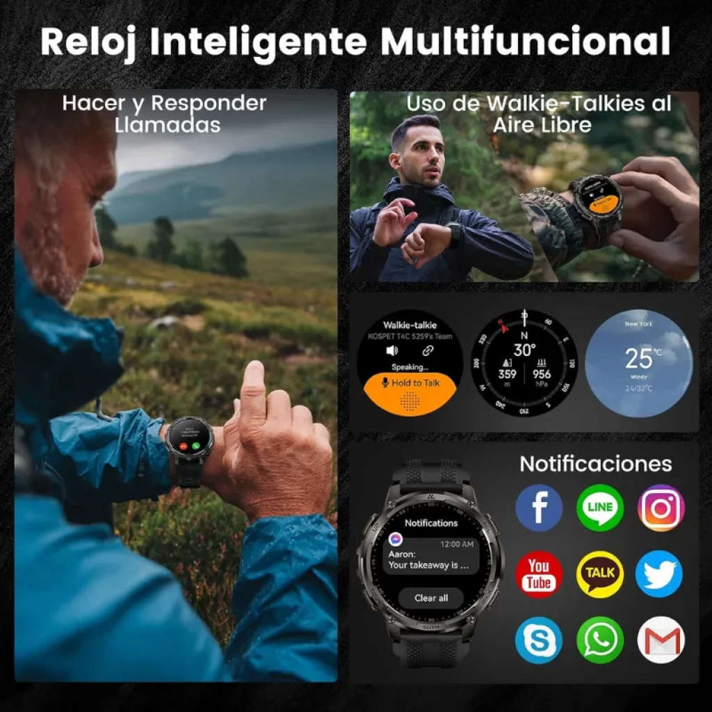 Kospet Tank T4C preto com bracelete preta, ecrã AMOLED 1,5, resistência 5 ATM, chamadas, walkie-talkie, notificações e rastreio outdoor