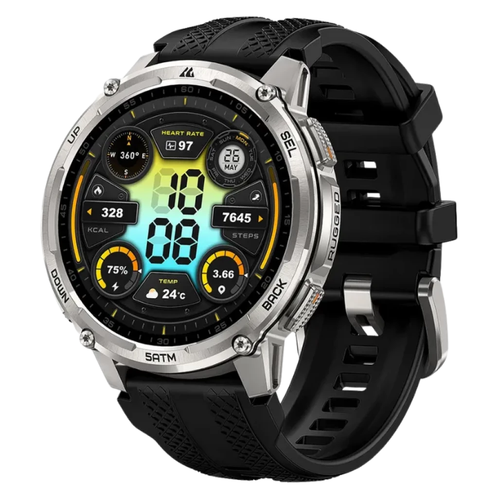 Kospet Tank T4C Prata com bracelete preta, caixa robusta, ecrã AMOLED 1,5 com mostrador digital multicolorido, moldura metálica, botões laterais e resistência 5 ATM