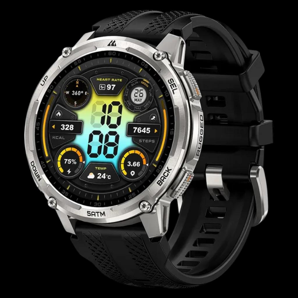Kospet Tank T4C Prata com bracelete preta, caixa robusta, ecrã AMOLED 1,5 com mostrador digital multicolorido, moldura metálica, botões laterais e resistência 5 ATM