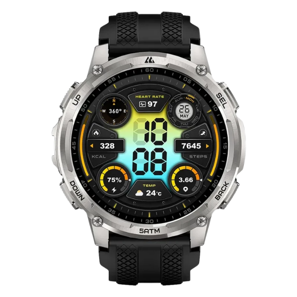 Vista frontal do Kospet Tank T4C prateado com bracelete preta e moldura robusta, botões laterais, mostrador digital com métricas e resistência 5 ATM