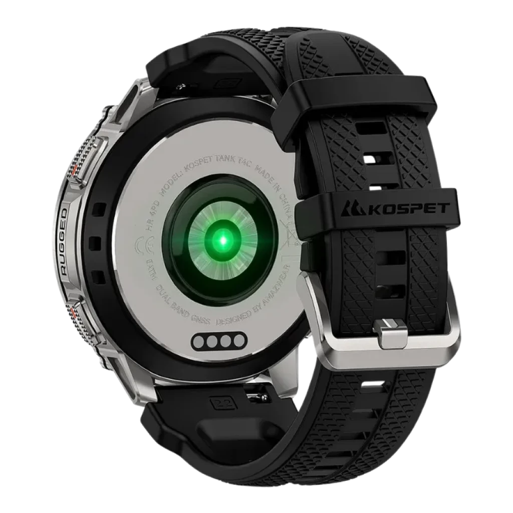 Kospet Tank T4C prateado com correia preta texturizada, fivela metálica robusta, sensor verde de saúde na base