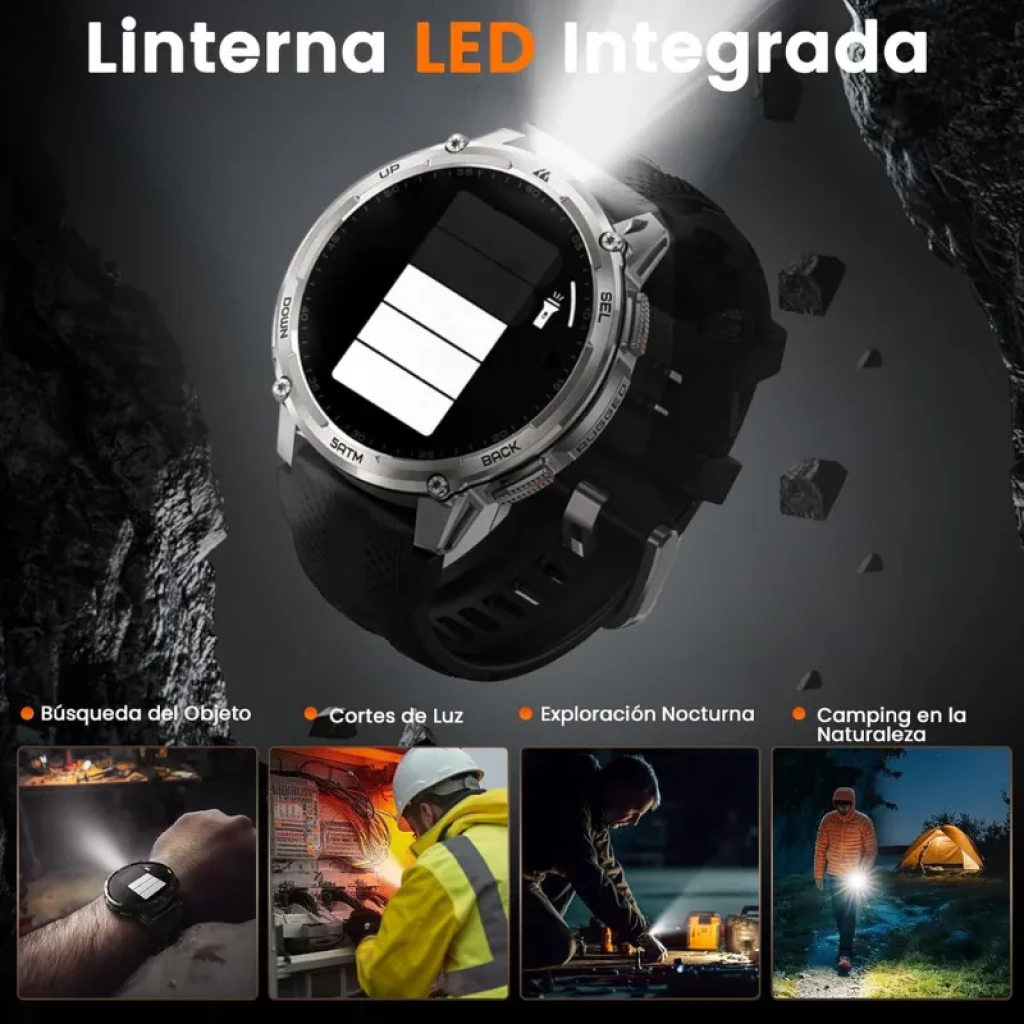 Kospet Tank T4C prateado com pulseira preta, lanterna LED integrada; design robusto 5 ATM para uso externo e noturno