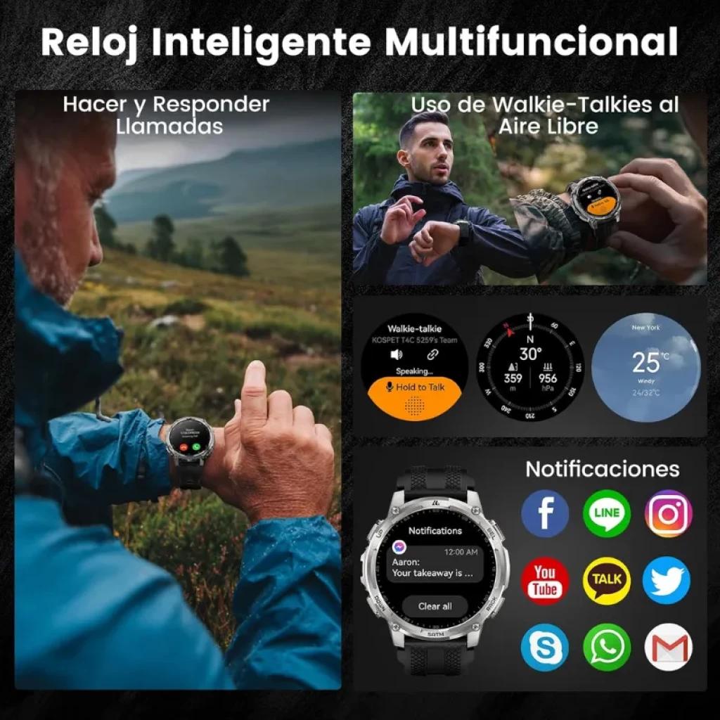 Kospet Tank T4C prateado com pulseira preta. Mostra chamadas, walkie-talkie, clima e notificações de aplicações no pulso