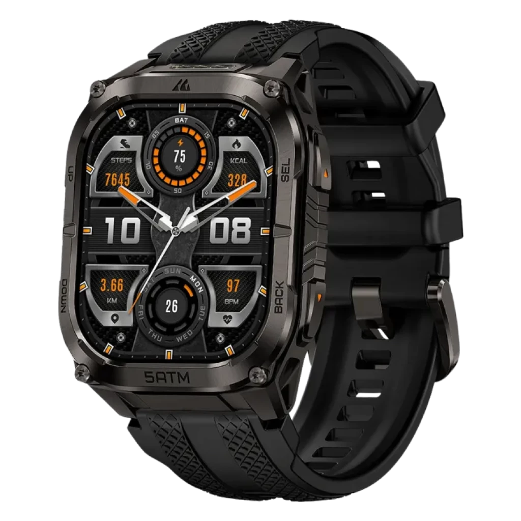 Kospet Tank M4C preto com pulseira preta, caixa metálica robusta, ecrã AMOLED 1,96 com bordas retas, botões laterais e mostrador com métricas desportivas
