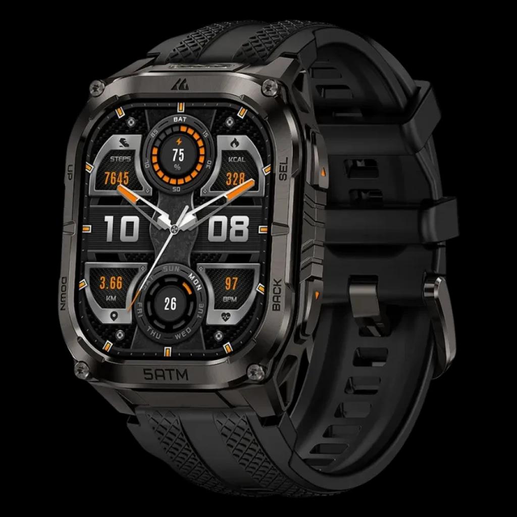 Kospet Tank M4C preto com pulseira preta, caixa metálica robusta, ecrã AMOLED 1,96 com bordas retas, botões laterais e mostrador com métricas desportivas