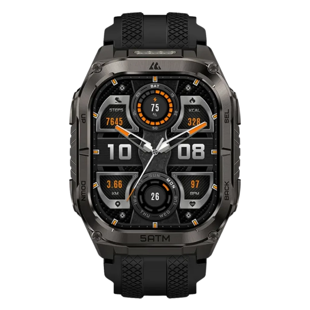 Vista frontal do Kospet Tank M4C Preto com bracelete preta, ecrã AMOLED de 1,96 polegadas, moldura metálica robusta, botões laterais, mostrador digital com métricas e relógio mundial