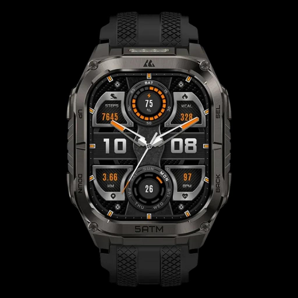 Vista frontal do Kospet Tank M4C Preto com bracelete preta, ecrã AMOLED de 1,96 polegadas, moldura metálica robusta, botões laterais, mostrador digital com métricas e relógio mundial