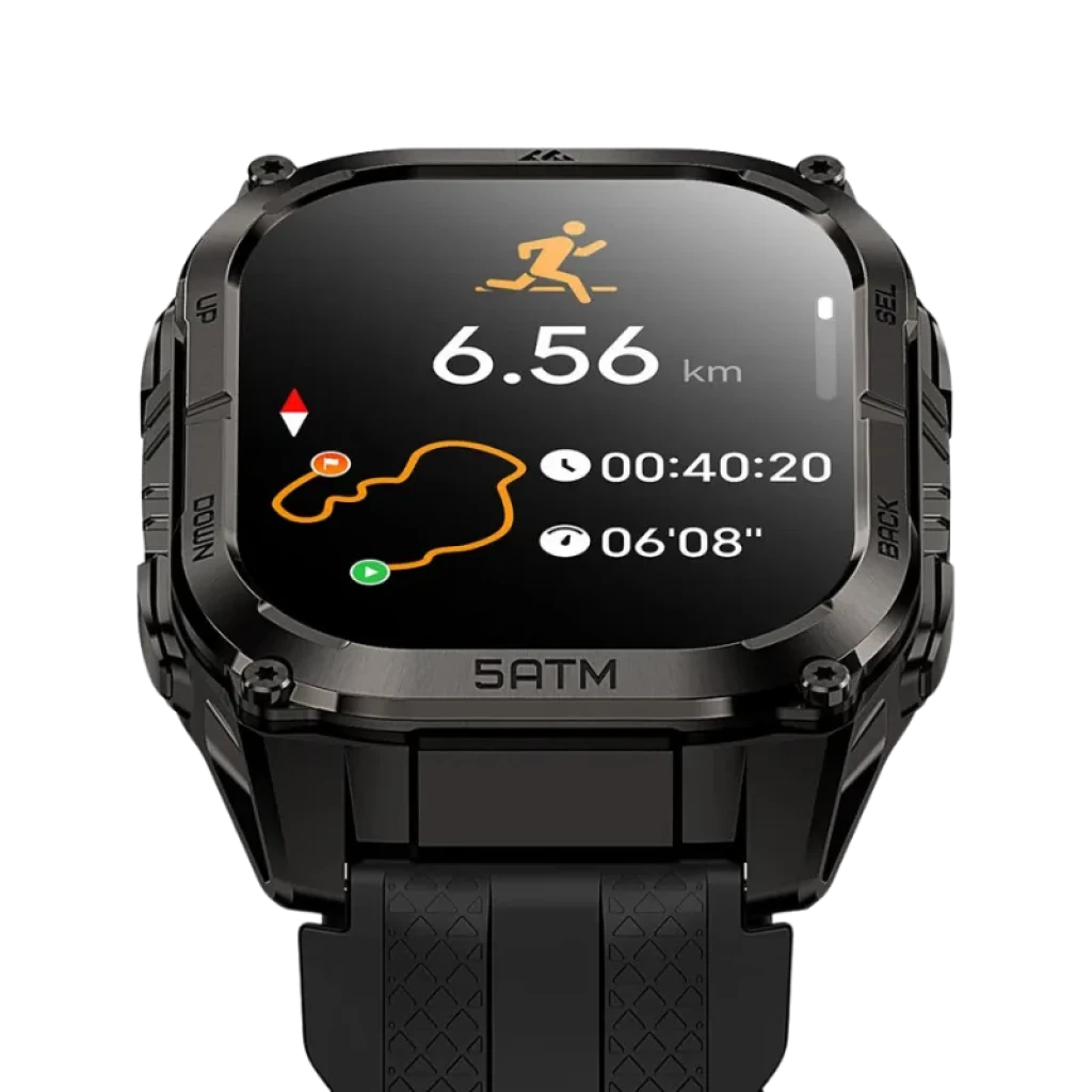 Kospet Tank M4C Preto com pulseira preta, caixa robusta, ecrã AMOLED de 1,96 polegadas; mostra rota, distância de 6,56 km, cronómetro e ritmo; 5ATM