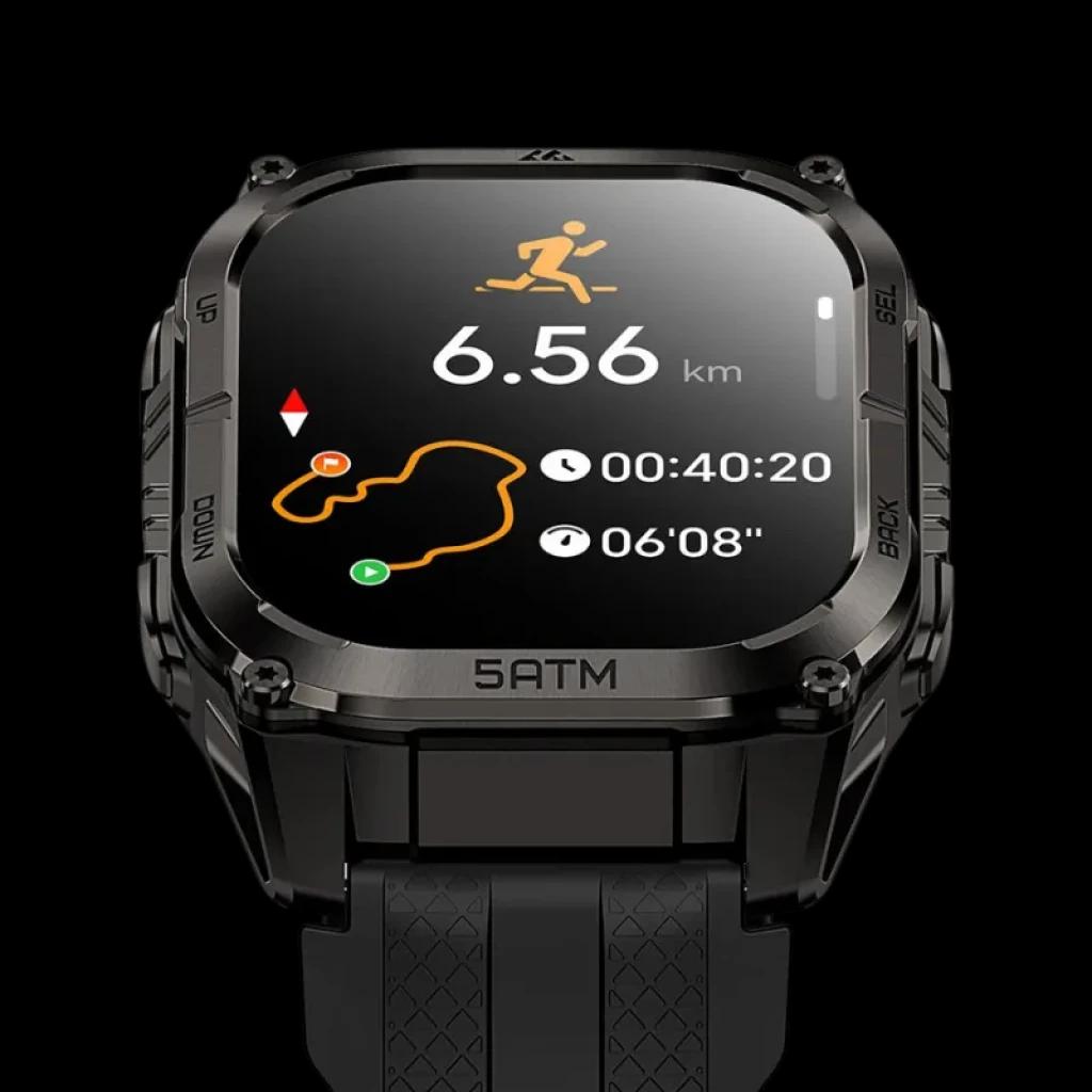 Kospet Tank M4C Preto com pulseira preta, caixa robusta, ecrã AMOLED de 1,96 polegadas; mostra rota, distância de 6,56 km, cronómetro e ritmo; 5ATM