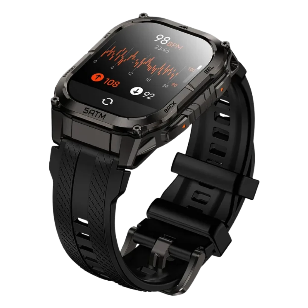 Vista a 45 graus do Kospet Tank M4C Preto com correia preta, caixa metálica robusta, ecrã AMOLED 1,96 com bordas curvas