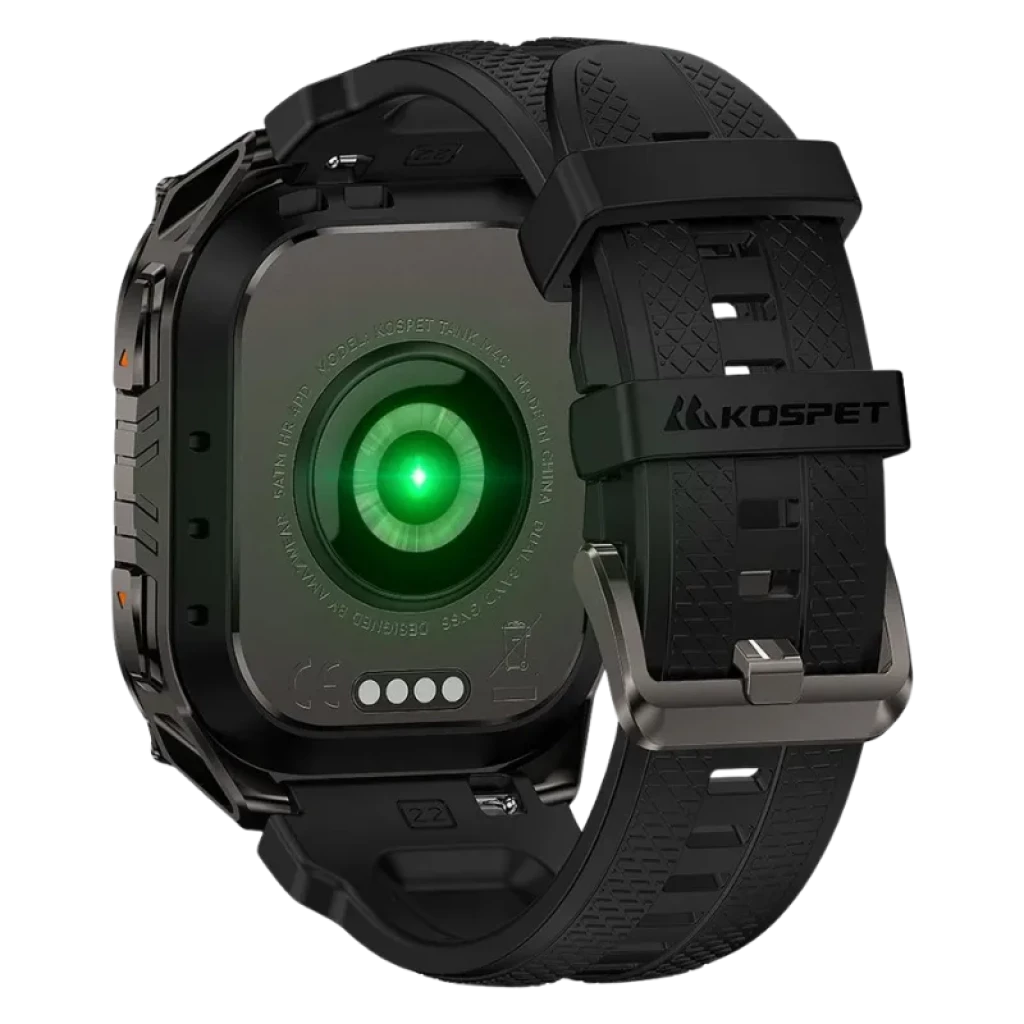 Kospet Tank M4C Preto com correia preta; parte traseira metálica robusta, sensor óptico verde centralizado e fivela prateada; design resistente e desportivo