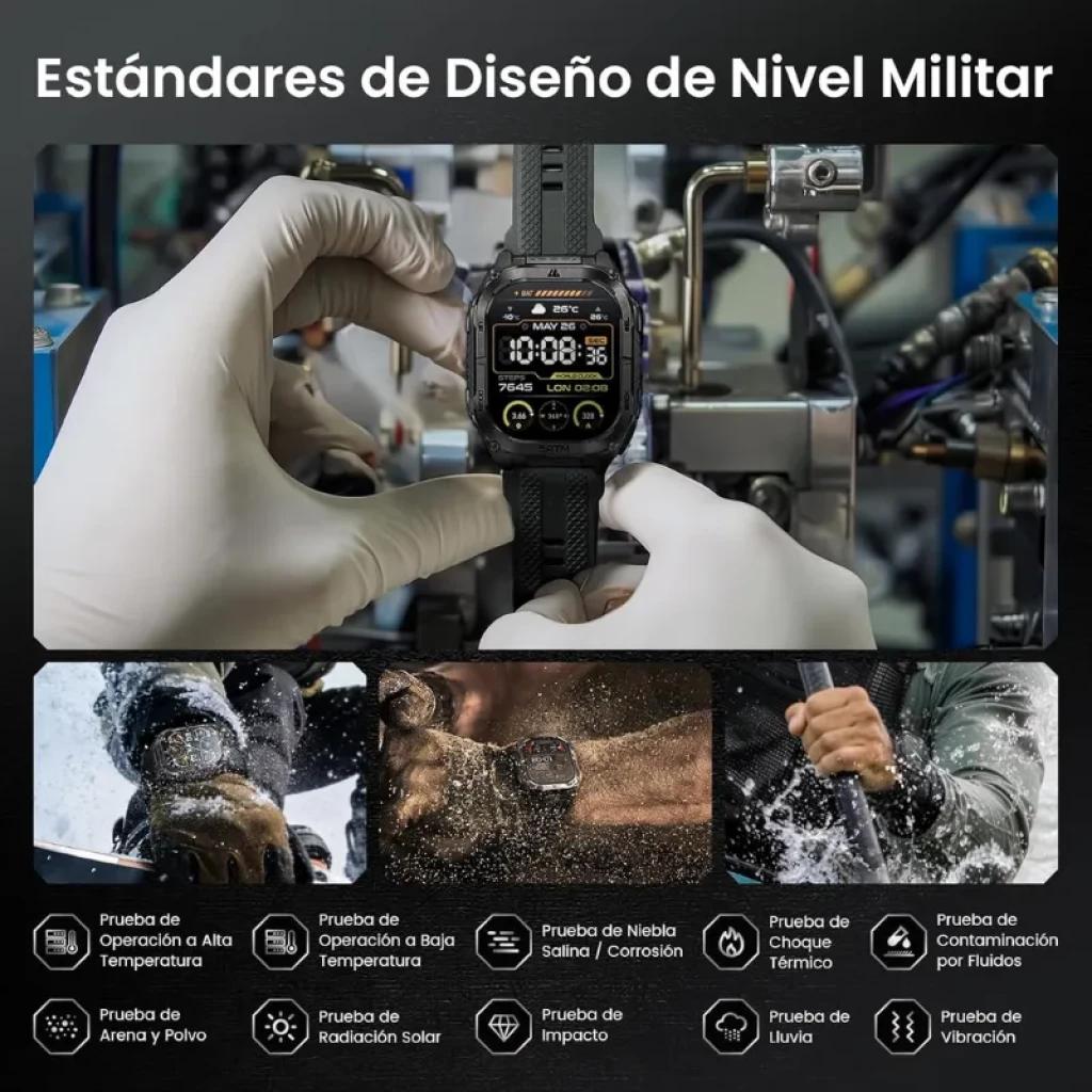 Kospet Tank M4C Preto com correia preta, ecrã AMOLED de 1,96 polegadas. Design robusto de tipo militar, botões laterais e moldura metálica resistente.
