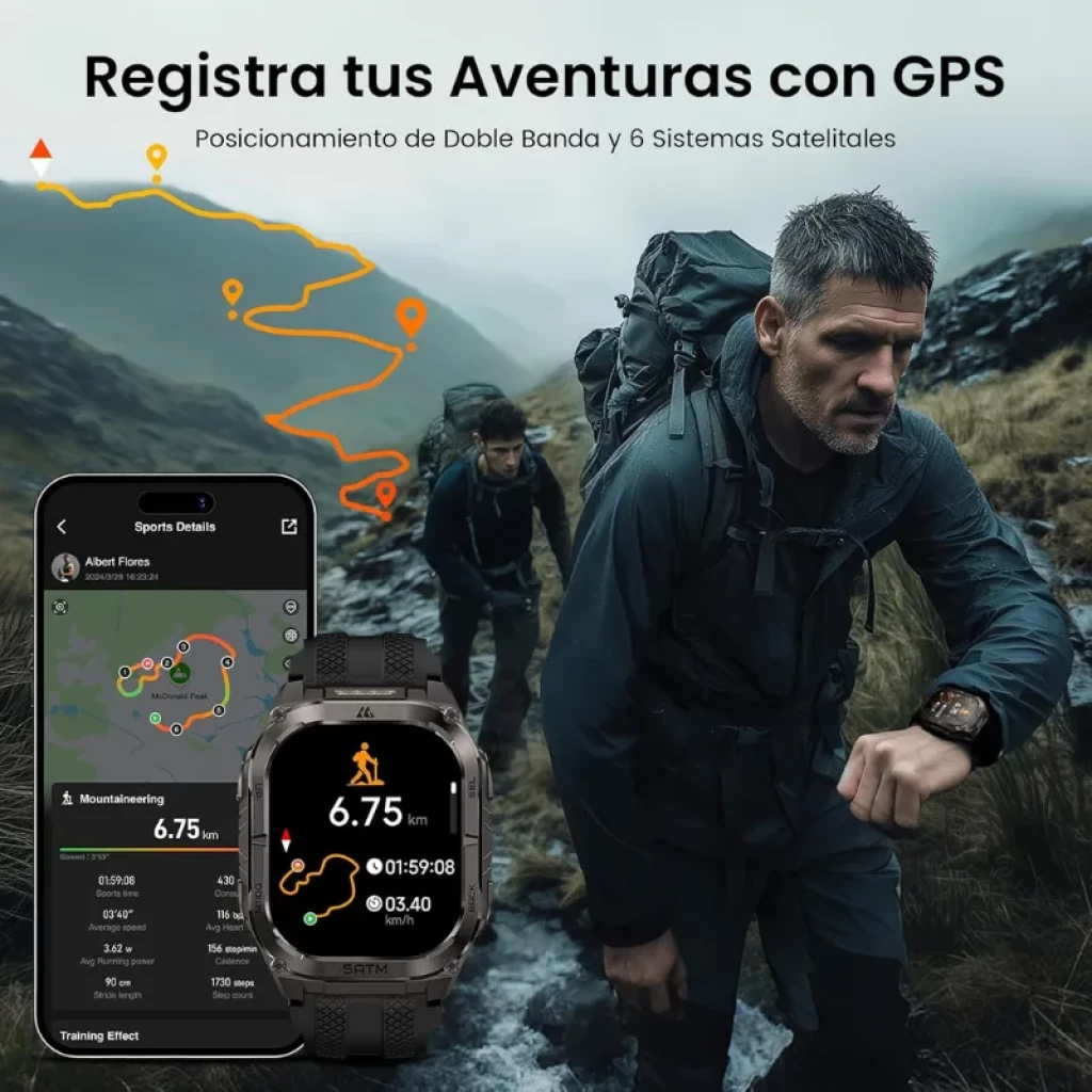 Kospet Tank M4C Preto com pulseira preta, ecrã AMOLED de 1,96 polegadas. Design robusto, localização GPS no mapa e modo walkie-talkie no pulso.